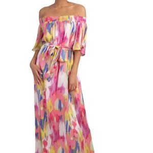 TRINA TURK San Onfore Multicolor Satin Long Dress, Size Medium Retail $1…